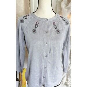 Women Floral Beaded Cardigan sweater gray Cotton Rayon 3/4 Sleeve Size PM